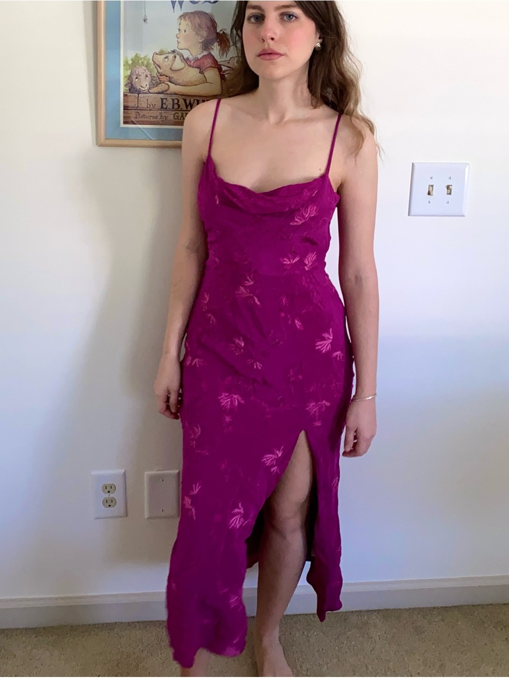 Cleobella Floral Embroidered Cowl Neck Bias Cut Slip Dress with Slit